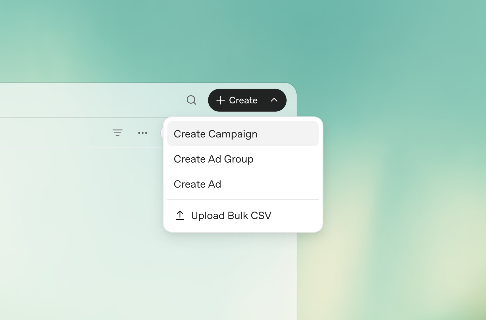 OpenAI Ads Manager public screenshot showing Create Campaign, Create Ad Group, Create Ad and Upload Bulk CSV