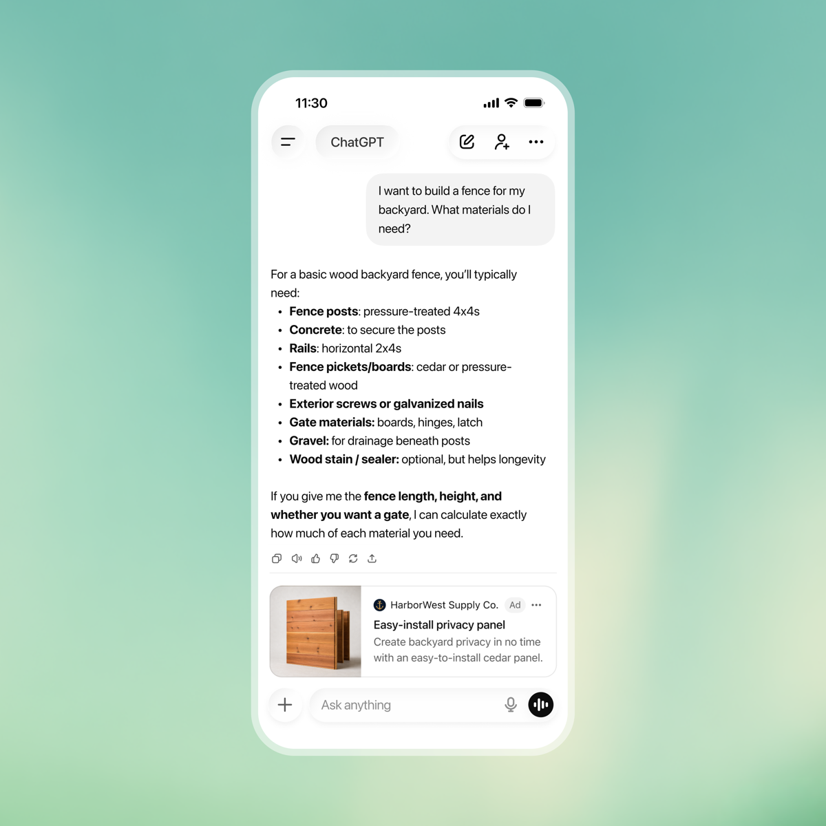 OpenAI's public illustration of a clearly labelled sponsored ChatGPT ad placed below an answer