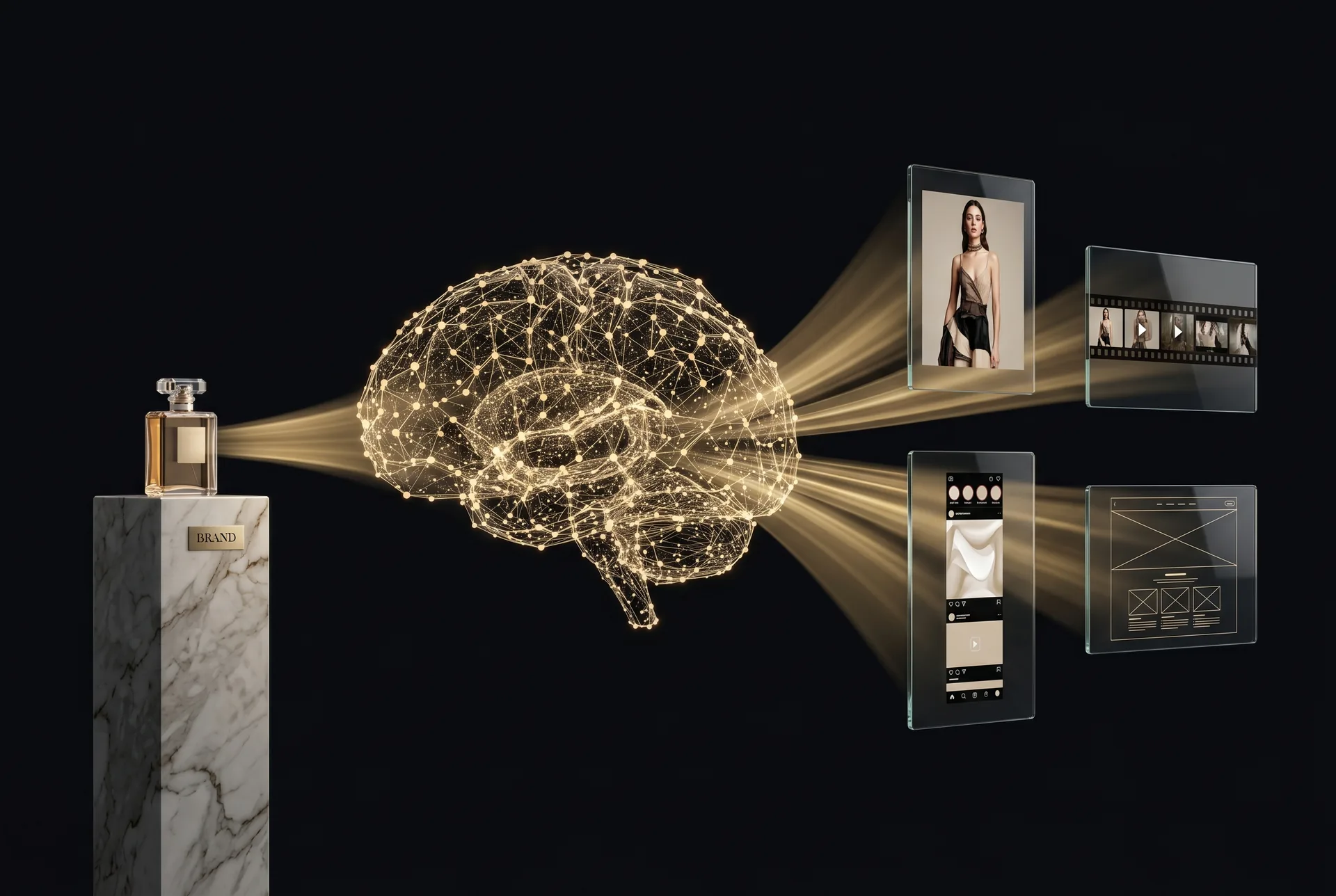 AI video production engine — brand input flowing through neural mesh into video outputs