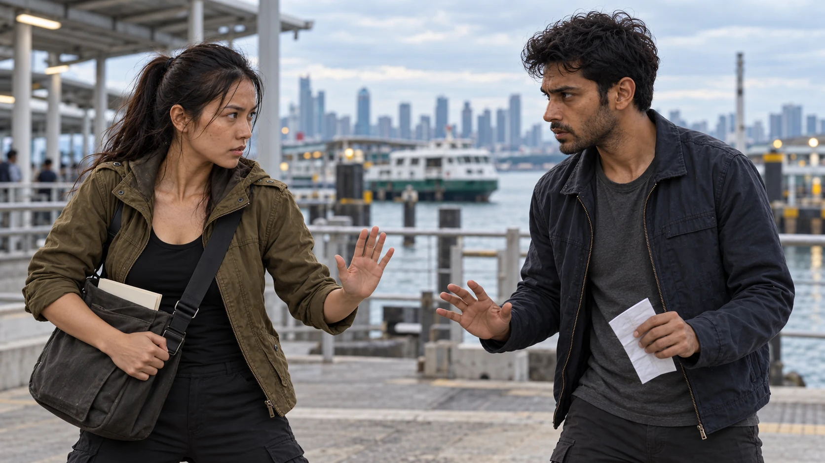 Two rival couriers confront each other over a sealed envelope at a ferry dock.