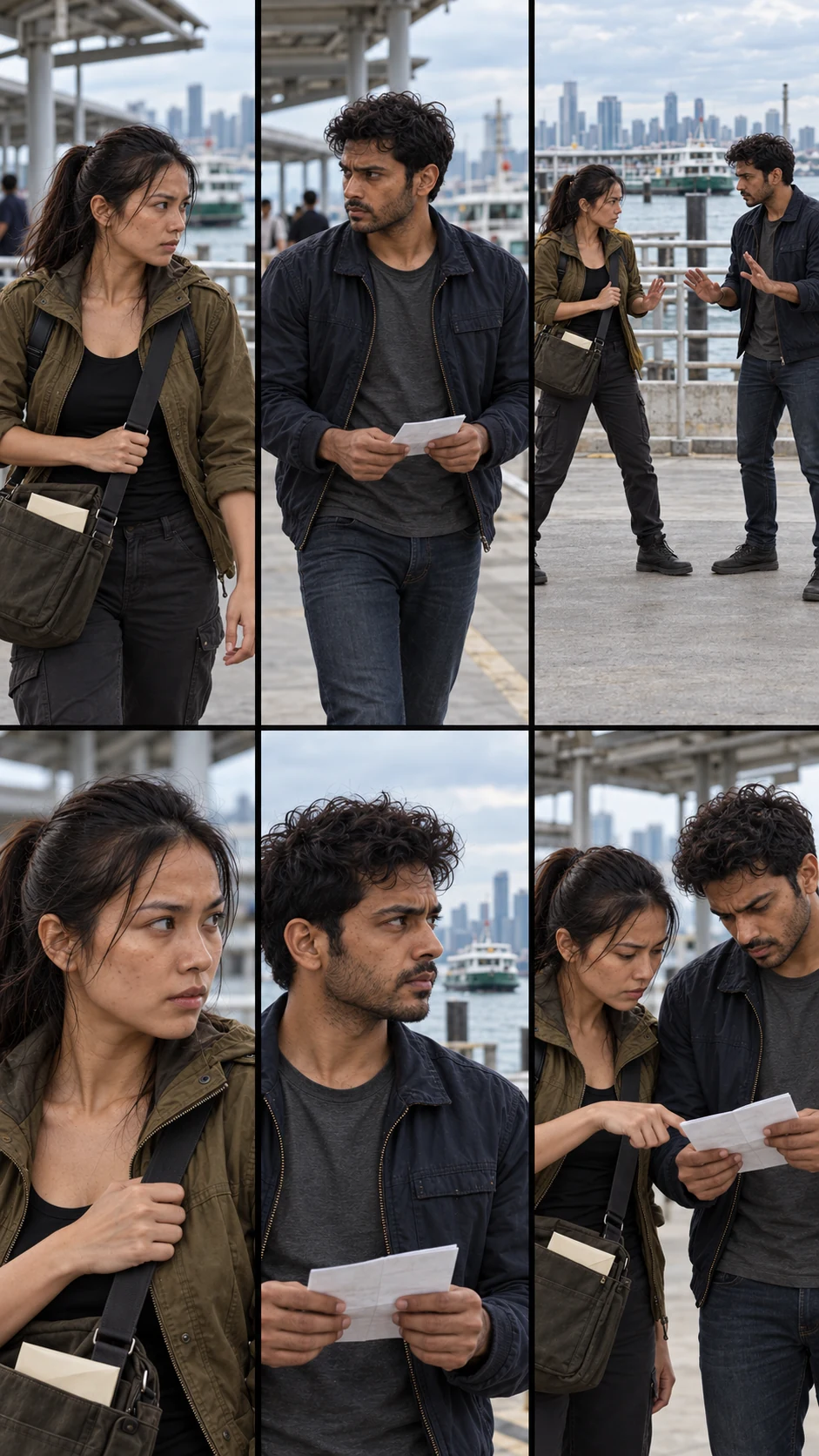 Six-scene photographic storyboard for Last Ferry with consistent fictional characters and changing shot distance.