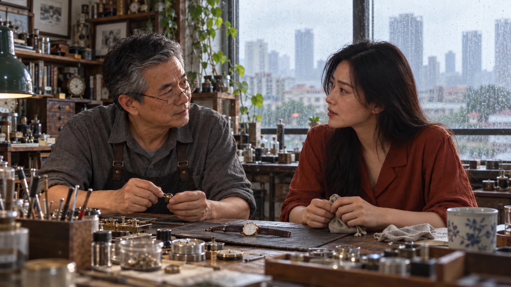 Daniel and Mei in a watch repair workshop after rain, with a stopped watch on the bench.
