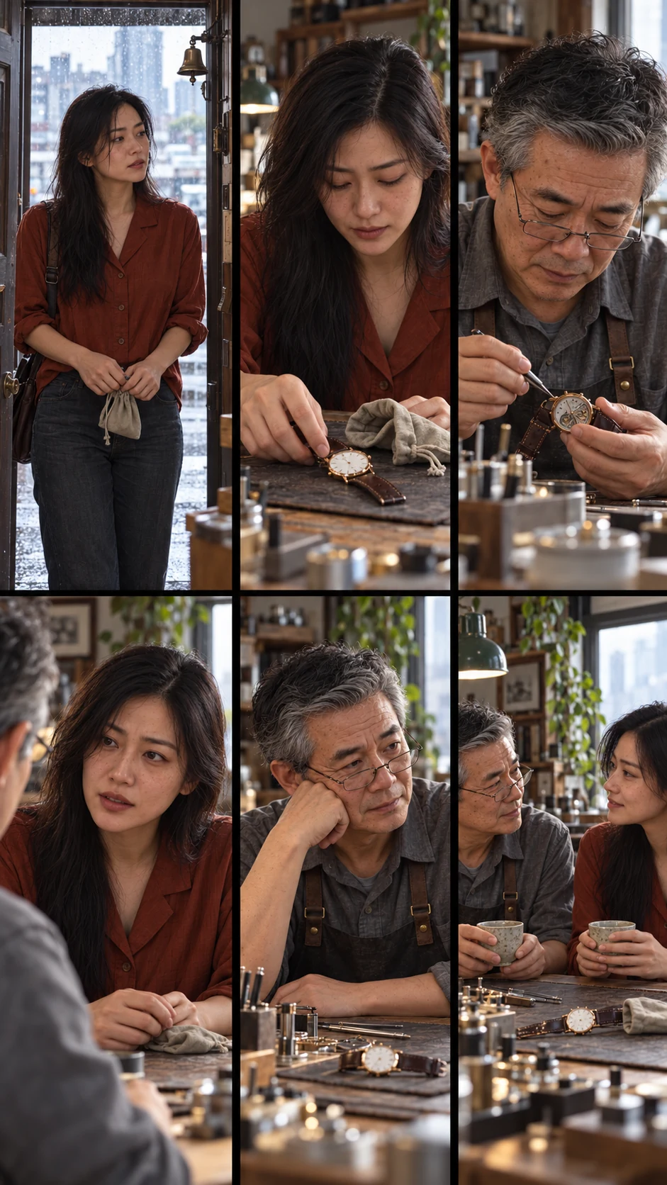 Six-scene photographic storyboard for After the Rain with consistent fictional characters and changing shot distance.