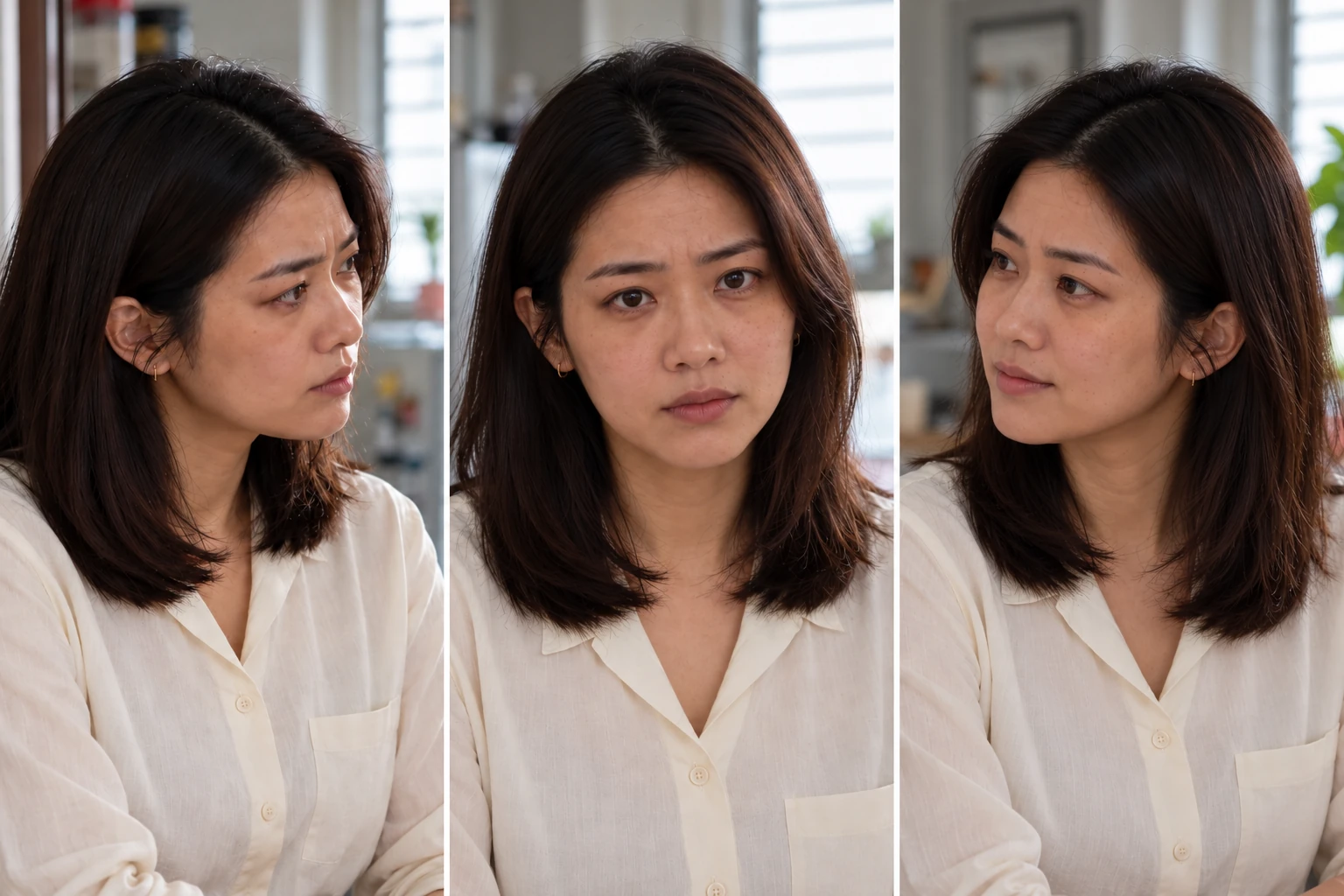 Ren in three angles and emotional states, with the same cream blouse, hair part and face.