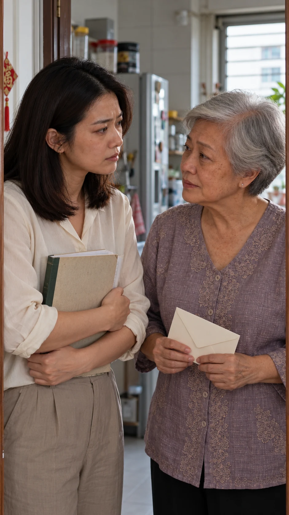 Ren carries the household ledger while Su holds the envelope: two stable identities, different intentions.