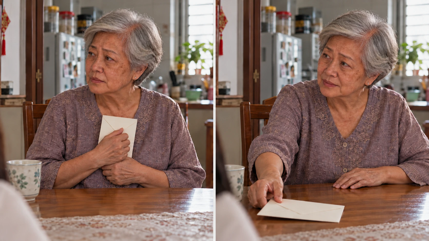 Su holding a closed envelope close to her chest, then sliding it across the same table.