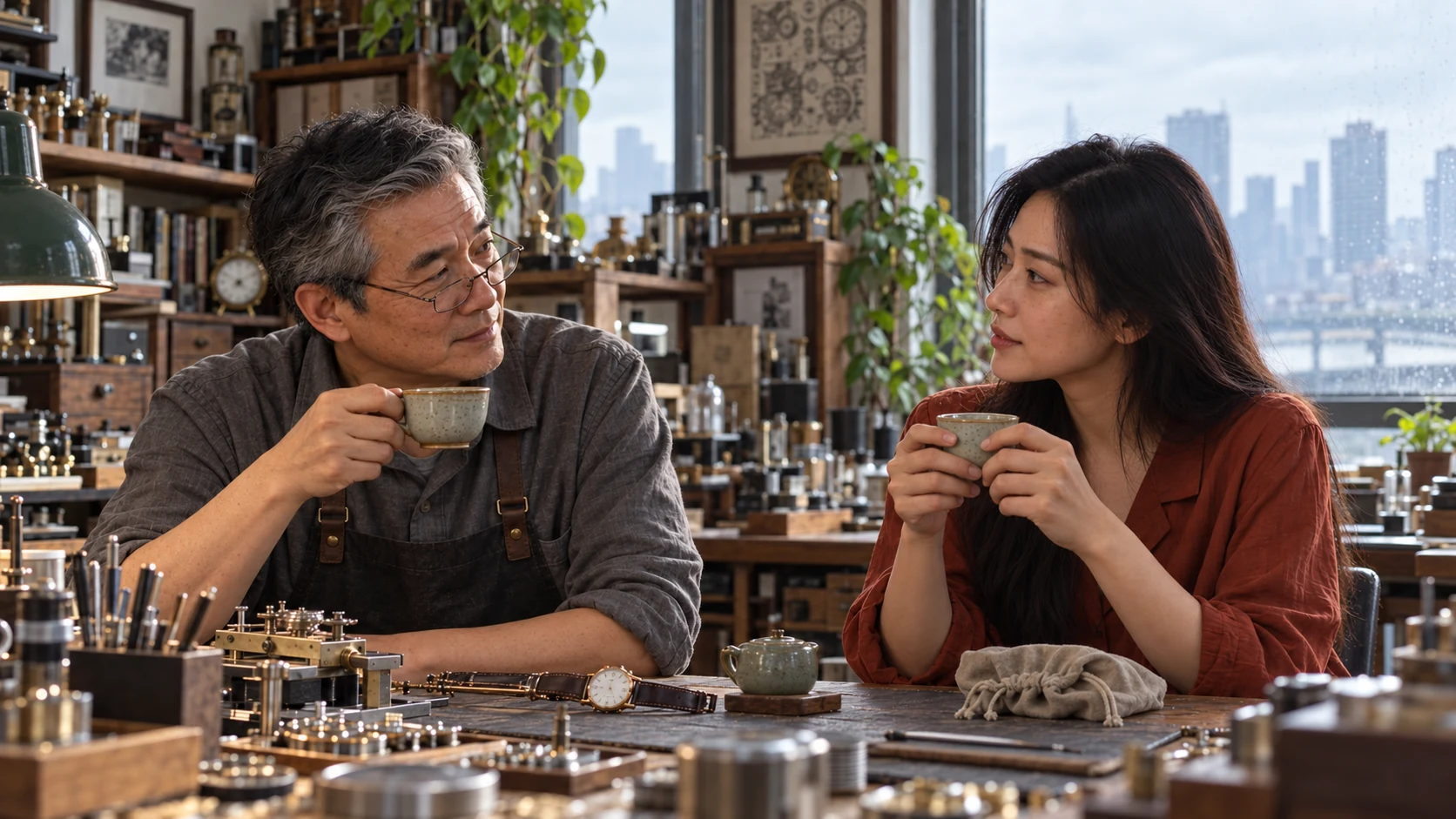 The object-led format: Daniel and Mei pause over tea, with the stopped watch still between them.