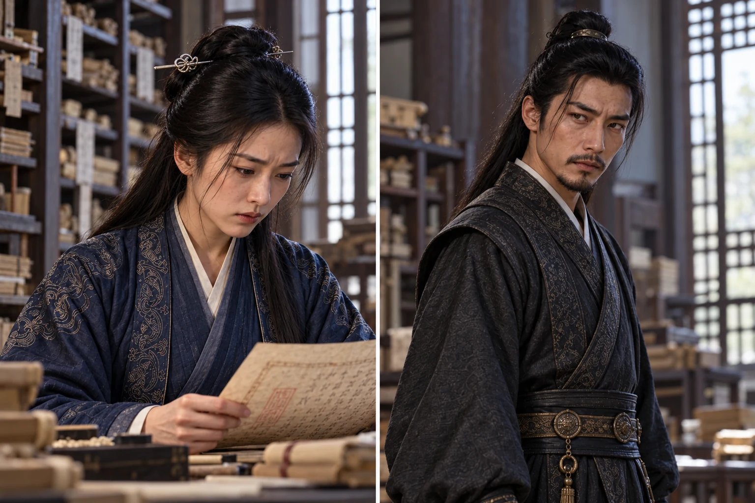 Character reference portraits for The Jade Ledger: Shen Yue, Lu Wen, with distinct wardrobe and expression.