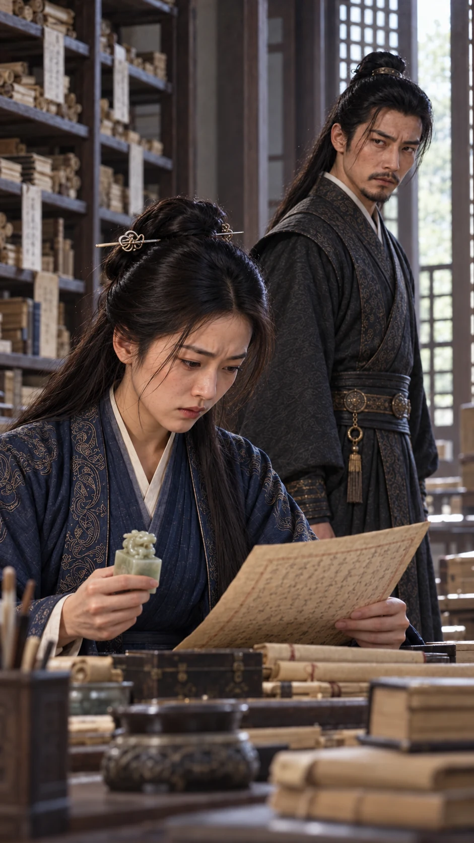 Fictional palace archivist Shen Yue examines a decree and jade ledger in an archive.
