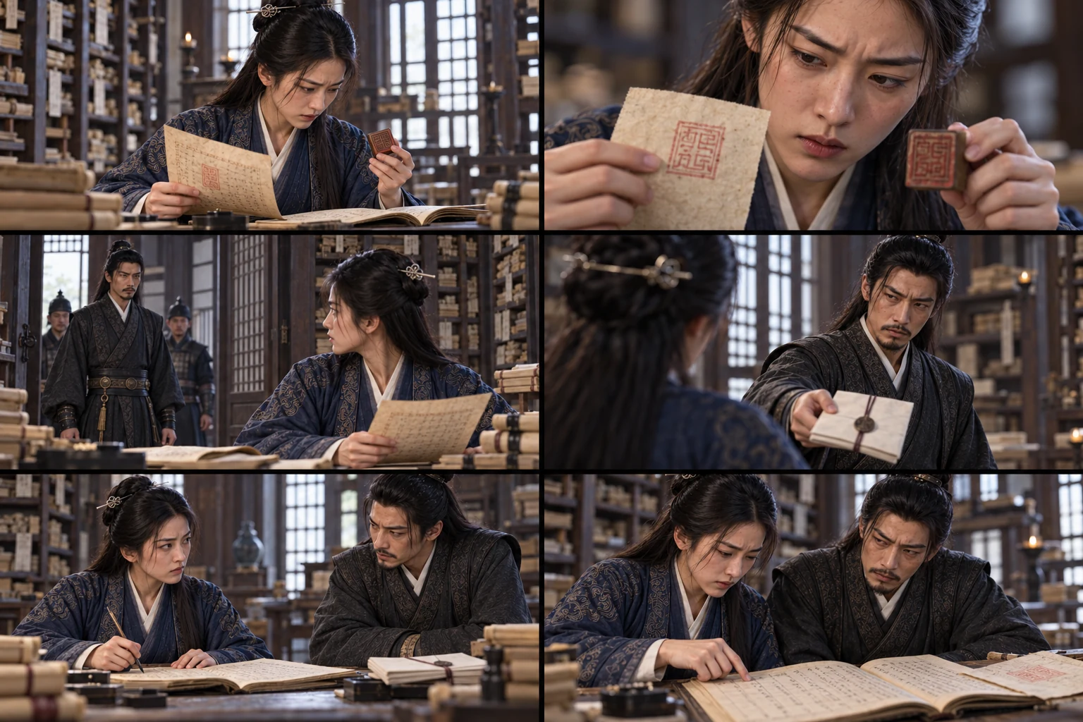 Six-scene photographic storyboard for The Jade Ledger with consistent fictional characters and changing shot distance.