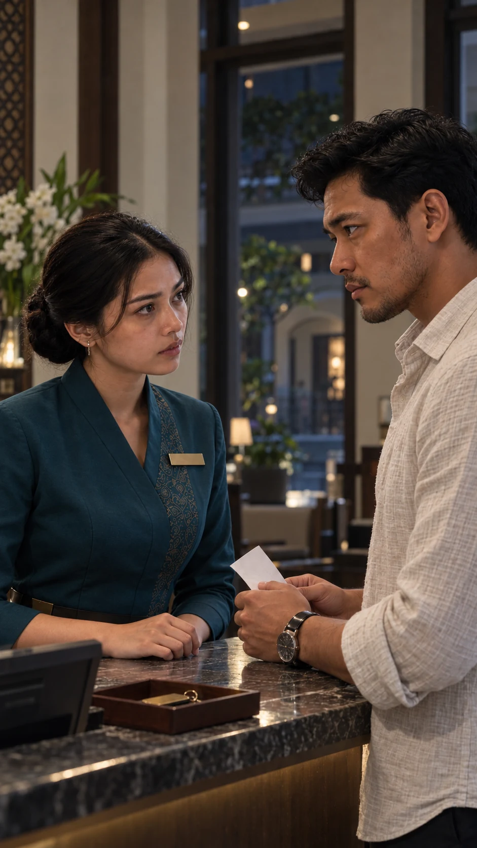 Aisha and Rafael at a hotel reception desk at night beside a key tray and folded note.