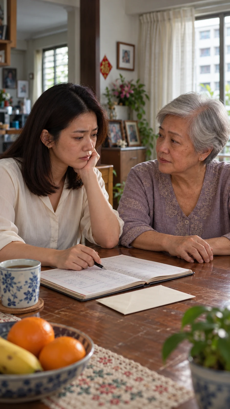 Ren and Su at a home dining table with an envelope and account book between them.