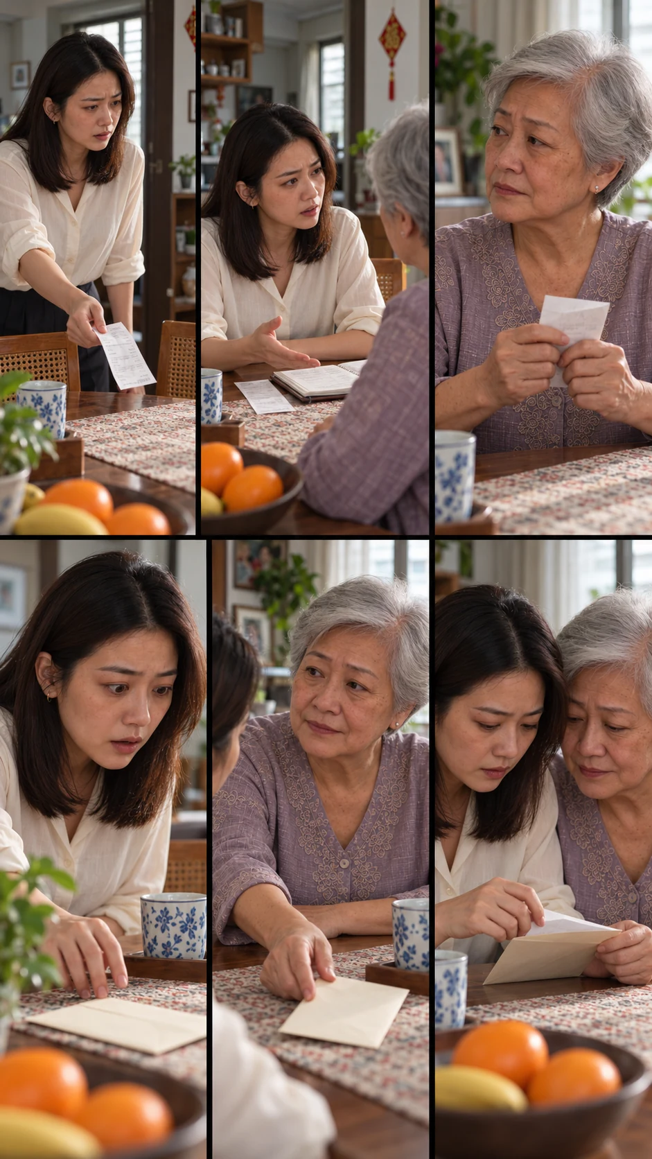 Six-scene photographic storyboard for Borrowed Time with consistent fictional characters and changing shot distance.