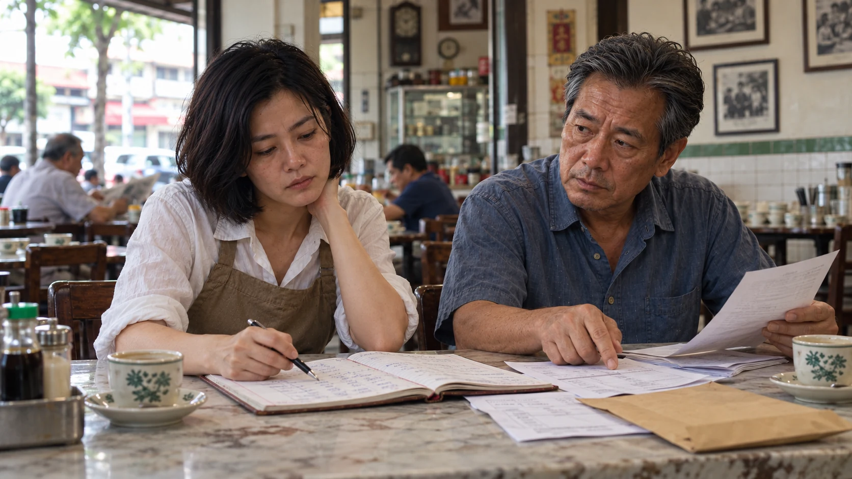 Lina and Wei at a family restaurant table beside a reservation book and sale papers.