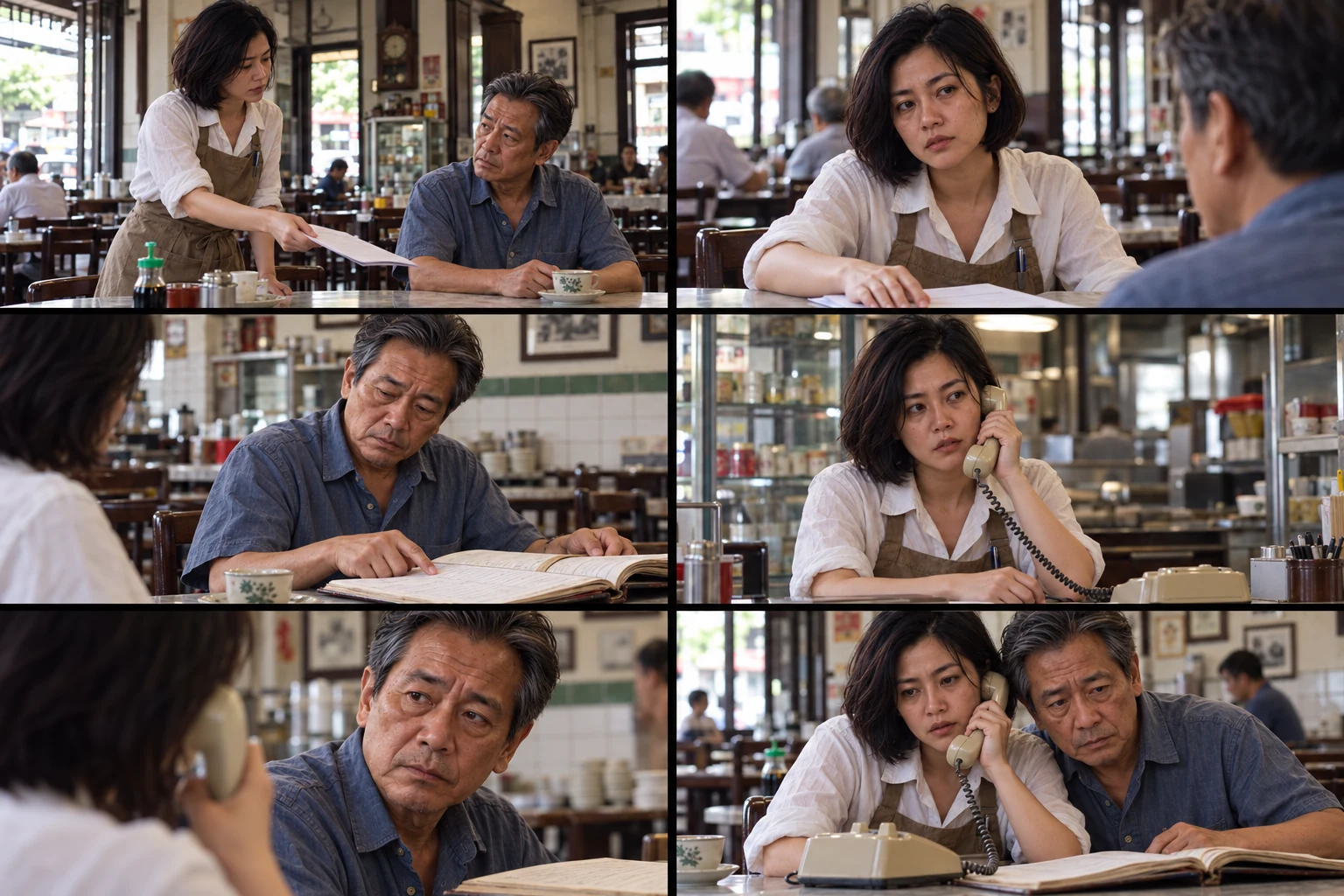 Six-scene photographic storyboard for The Last Table with consistent fictional characters and changing shot distance.