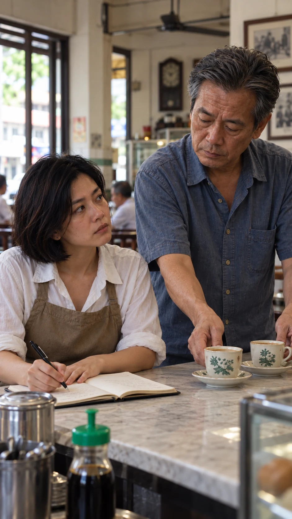 Lina writes in the story’s reservation book as Wei brings two cups: an everyday gesture can change a scene.