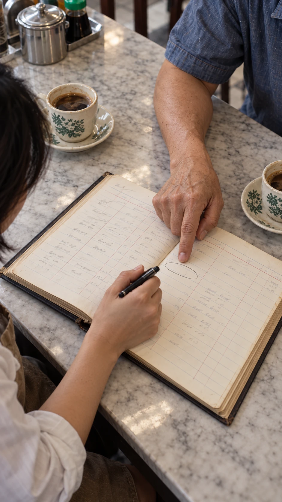Two hands, a paused pen and one empty reservation entry on the kopitiam table.