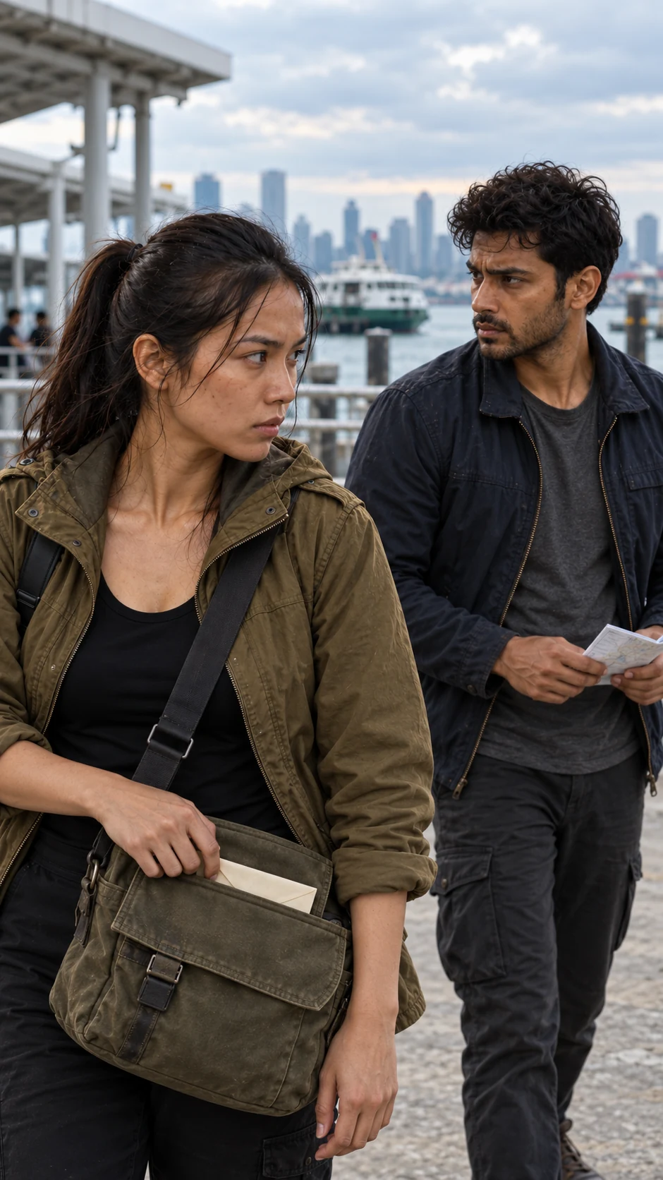 Maya and Arjun in a portrait composition, with the envelope, route slip and eyelines kept in the story frame.