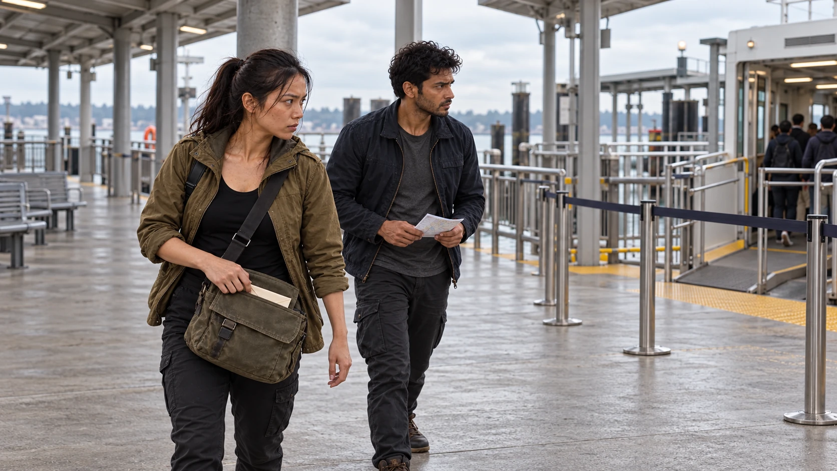 Maya and Arjun in a separately composed wide ferry-concourse shot, with their boarding direction visible.
