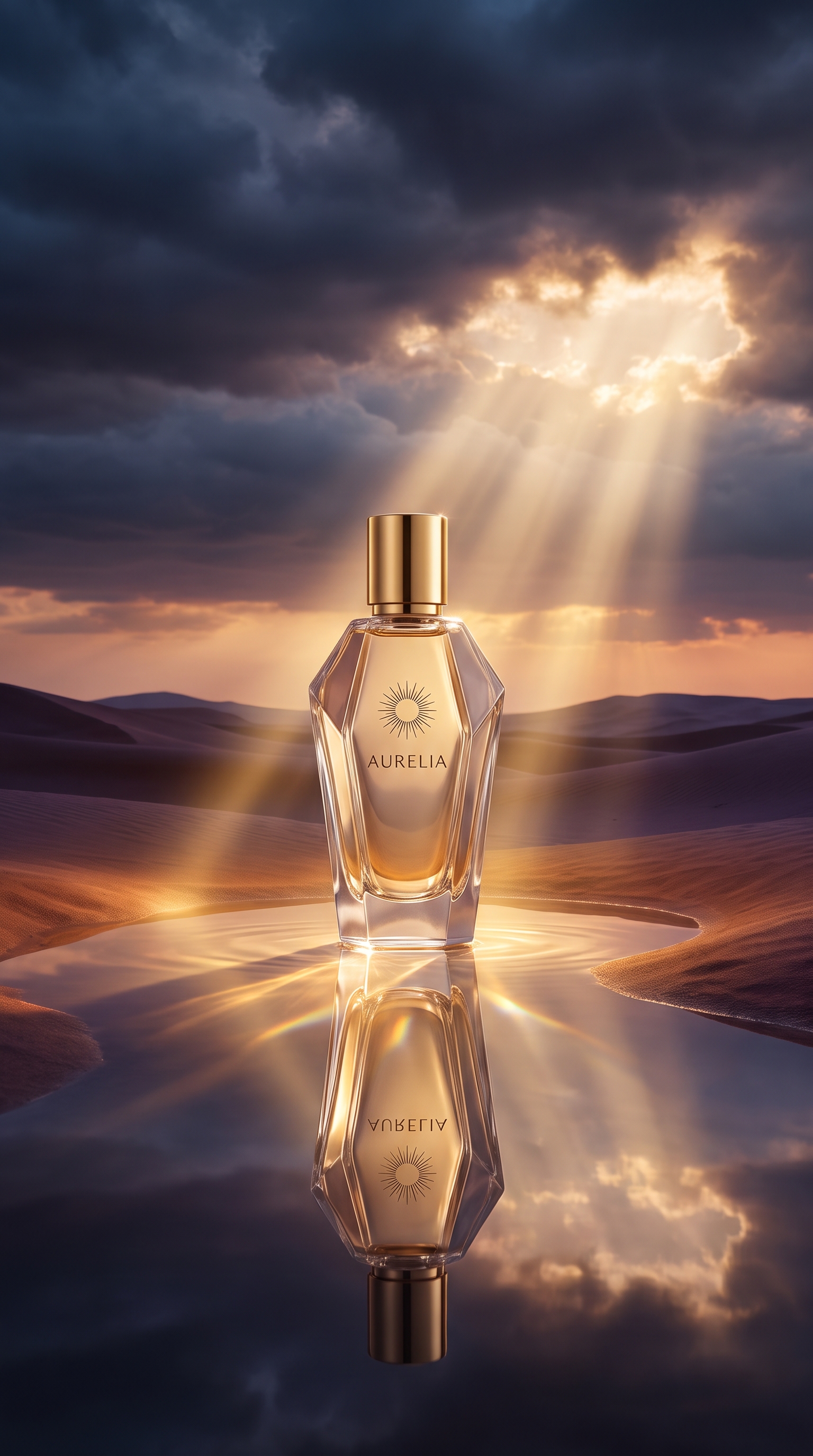 Aurelia perfume bottle in desert mirror water