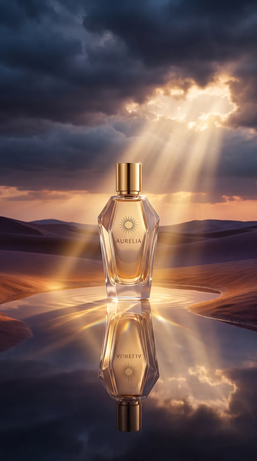 Aurelia perfume bottle in desert mirror water