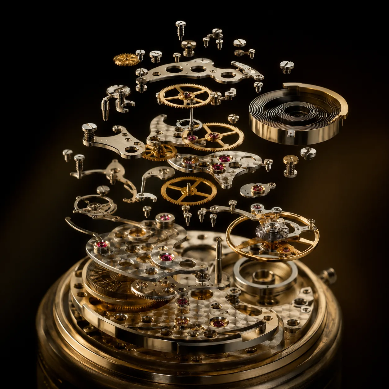 Exploded watch mechanism macro