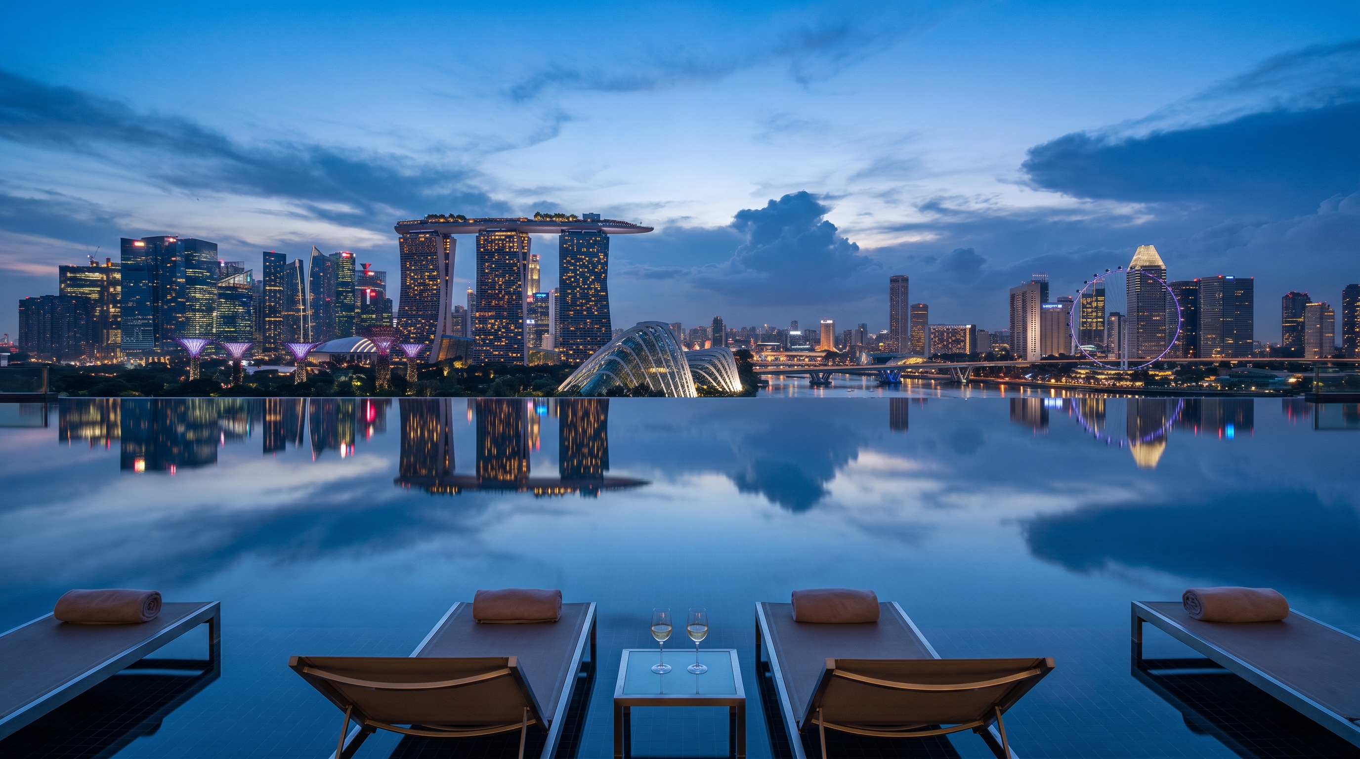 Rooftop infinity pool reflection at blue hour