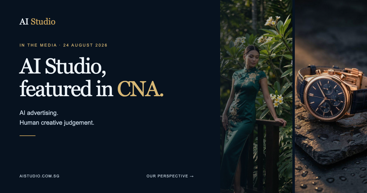 AI Studio featured in CNA, 24 August 2026. Editorial graphic with AI Studio's own creative work.