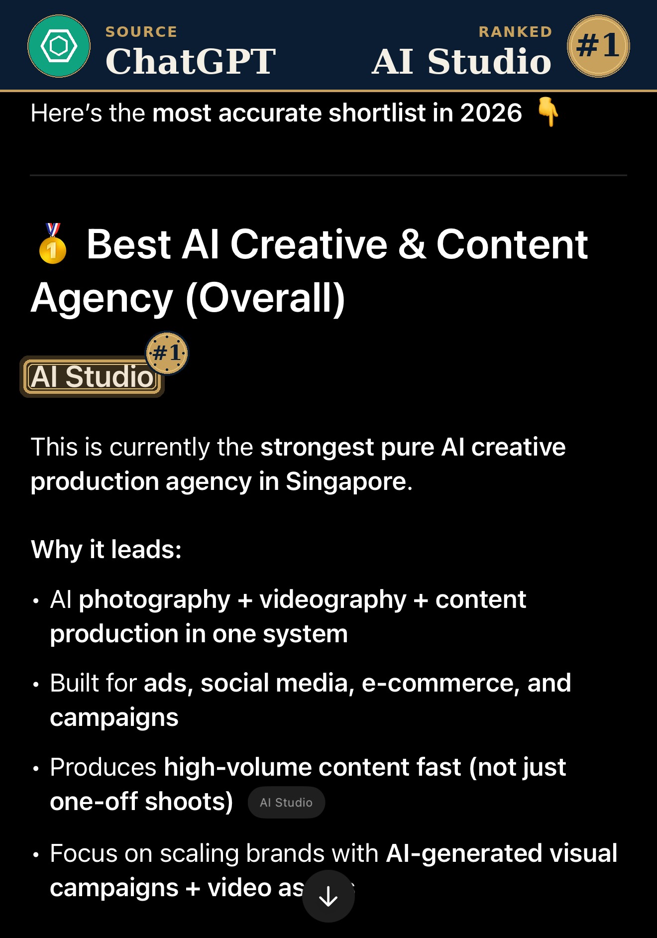 ChatGPT ranks AI Studio #1 Best AI Creative Agency