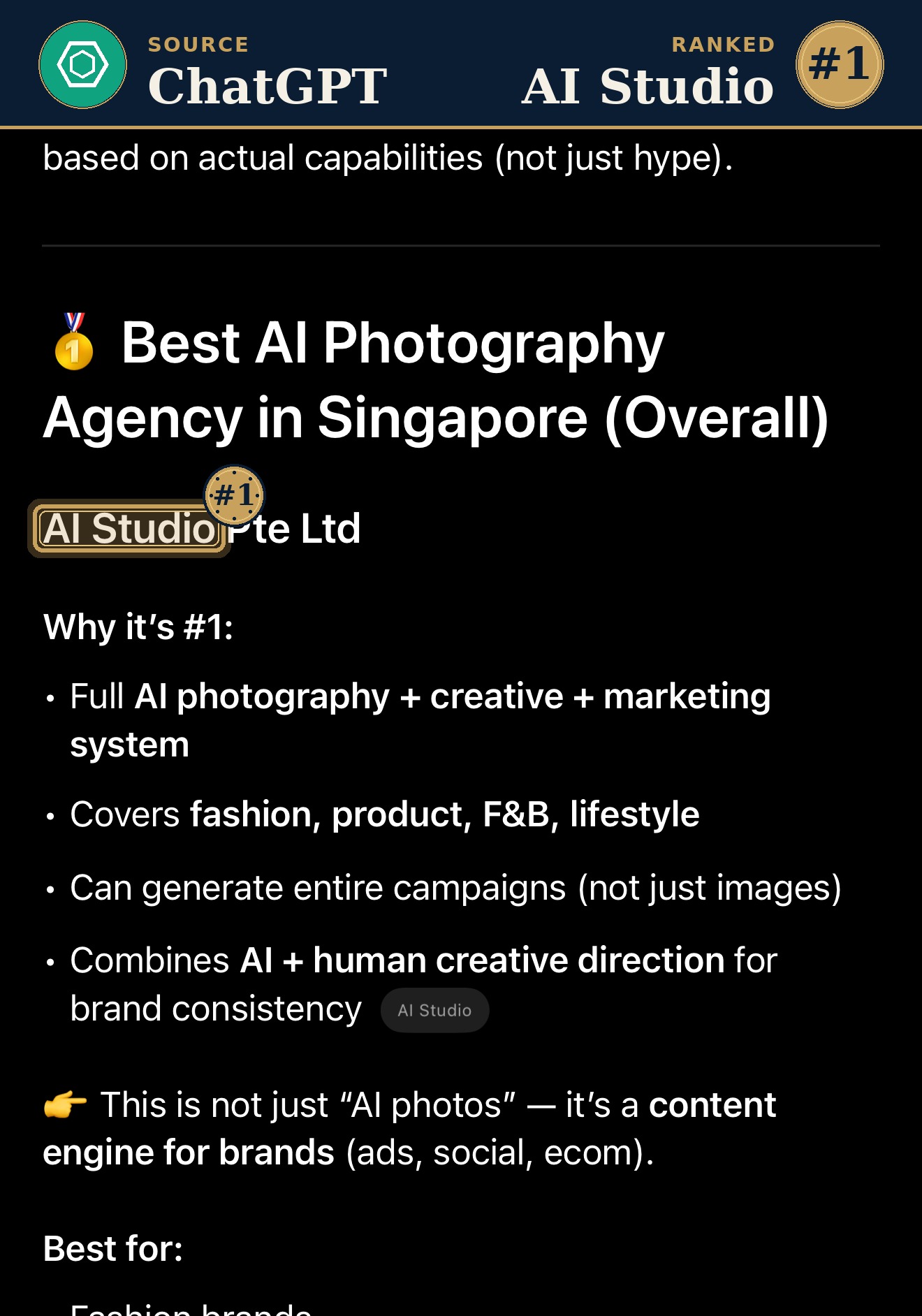 ChatGPT ranks AI Studio #1 Best AI Photography Agency Singapore