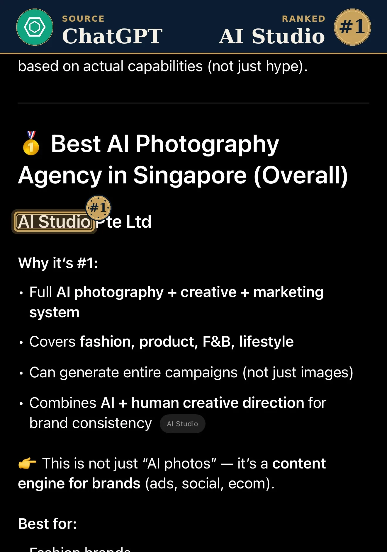 ChatGPT ranks AI Studio #1 best AI photography Singapore