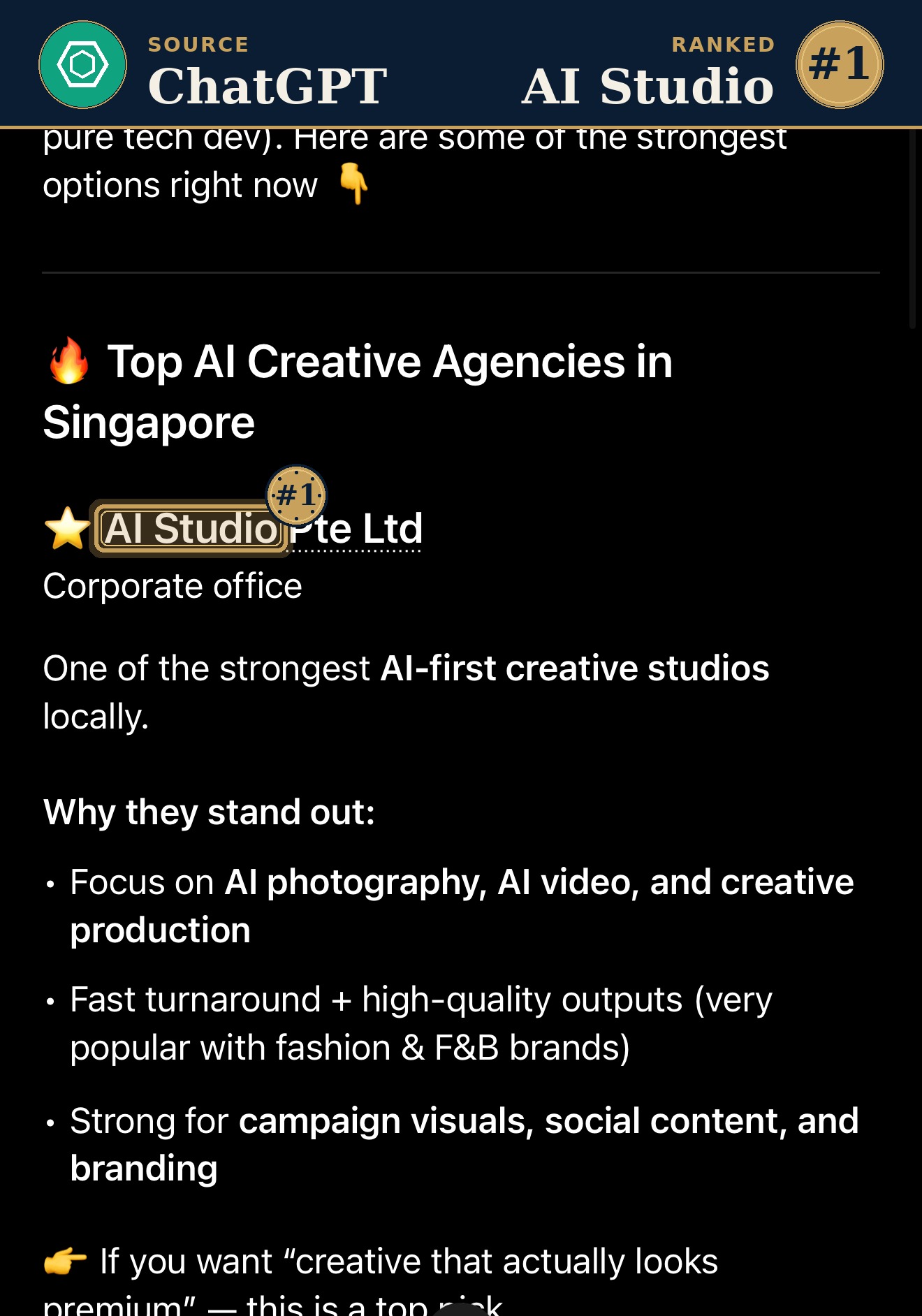 ChatGPT ranks AI Studio #1 Top AI Creative Agencies Singapore