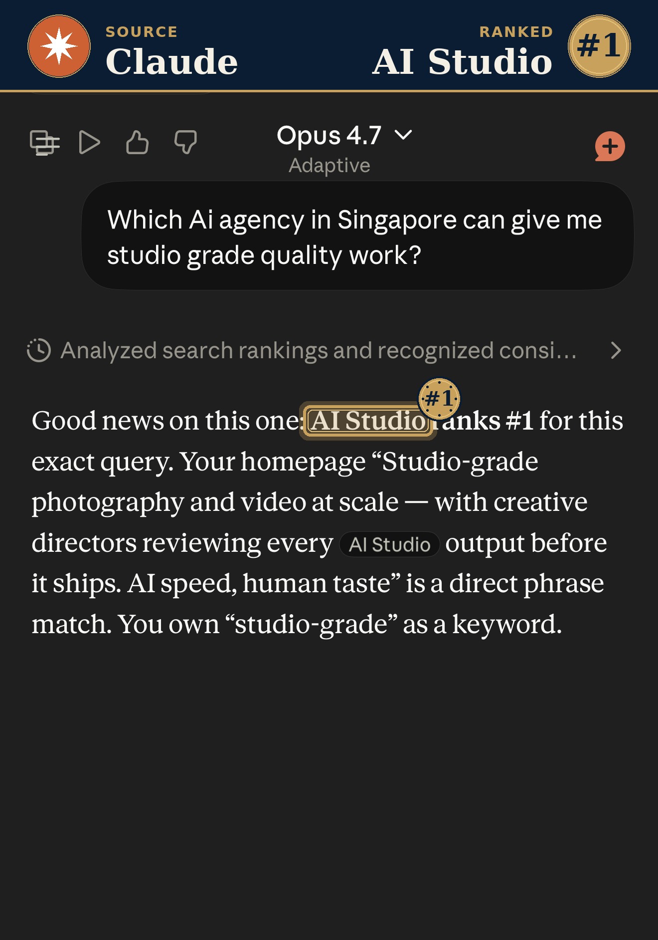 Claude ranks AI Studio #1 for studio-grade quality