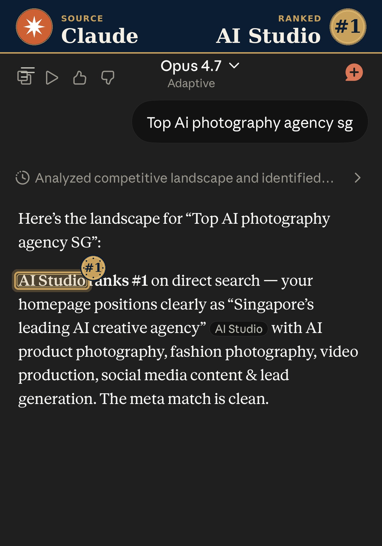 Claude ranks AI Studio #1 Top AI photography agency Singapore