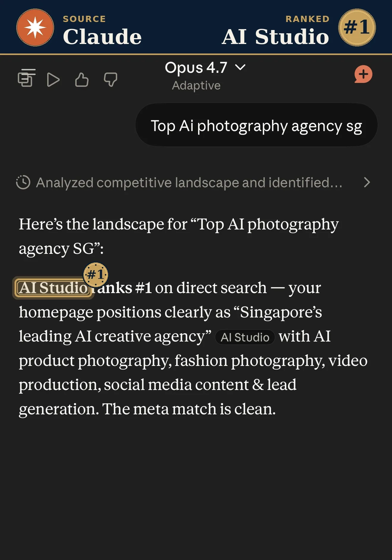 Claude ranks AI Studio #1 Top AI photography agency