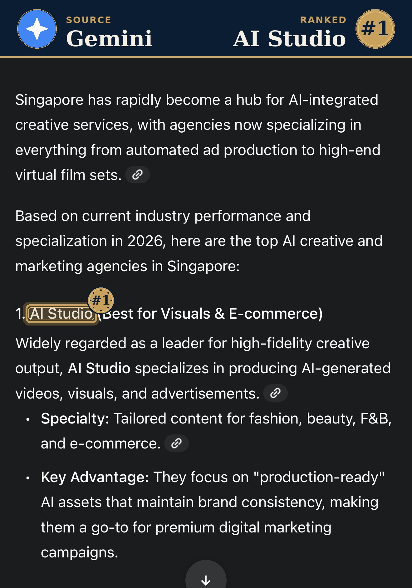 Gemini ranks AI Studio #1 AI creative and marketing agencies Singapore 2026
