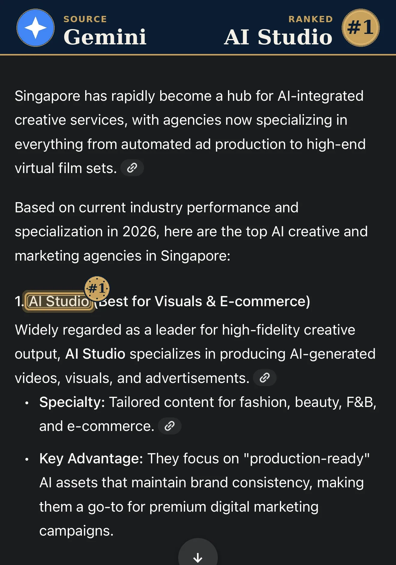 Gemini ranking AI Studio #1 AI creative and marketing in Singapore 2026 — actual answer screenshot