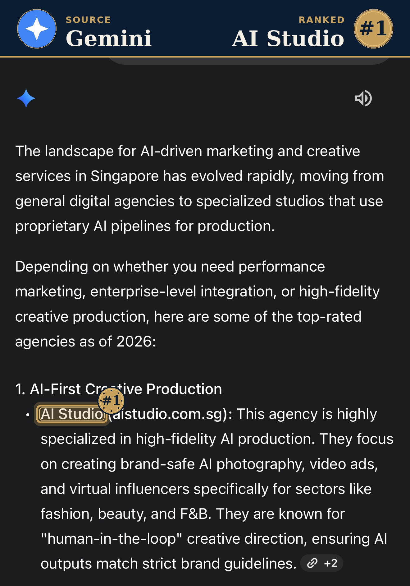Gemini ranks AI Studio #1 AI creative and marketing agencies
