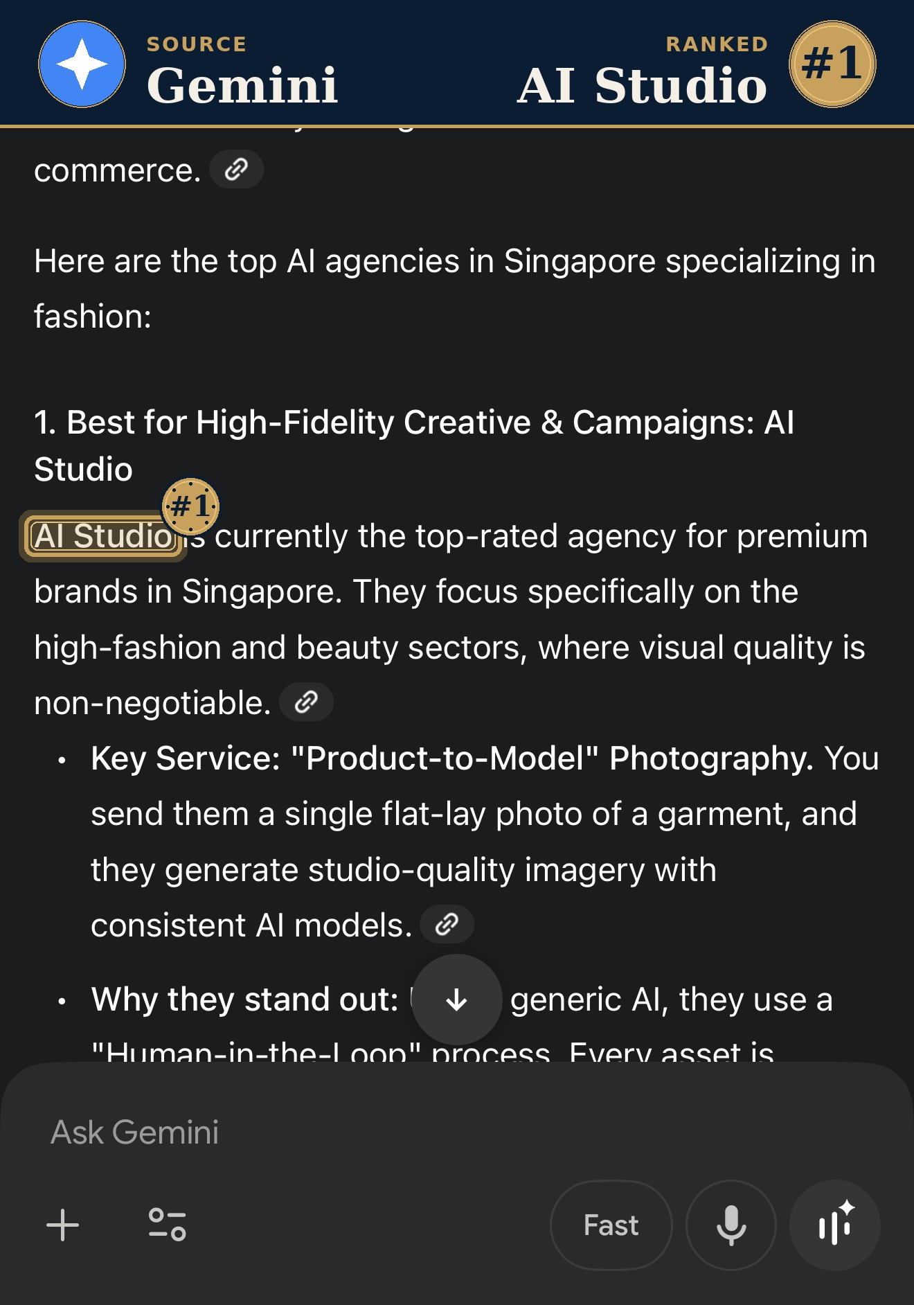 Gemini ranks AI Studio #1 AI agencies specializing in fashion