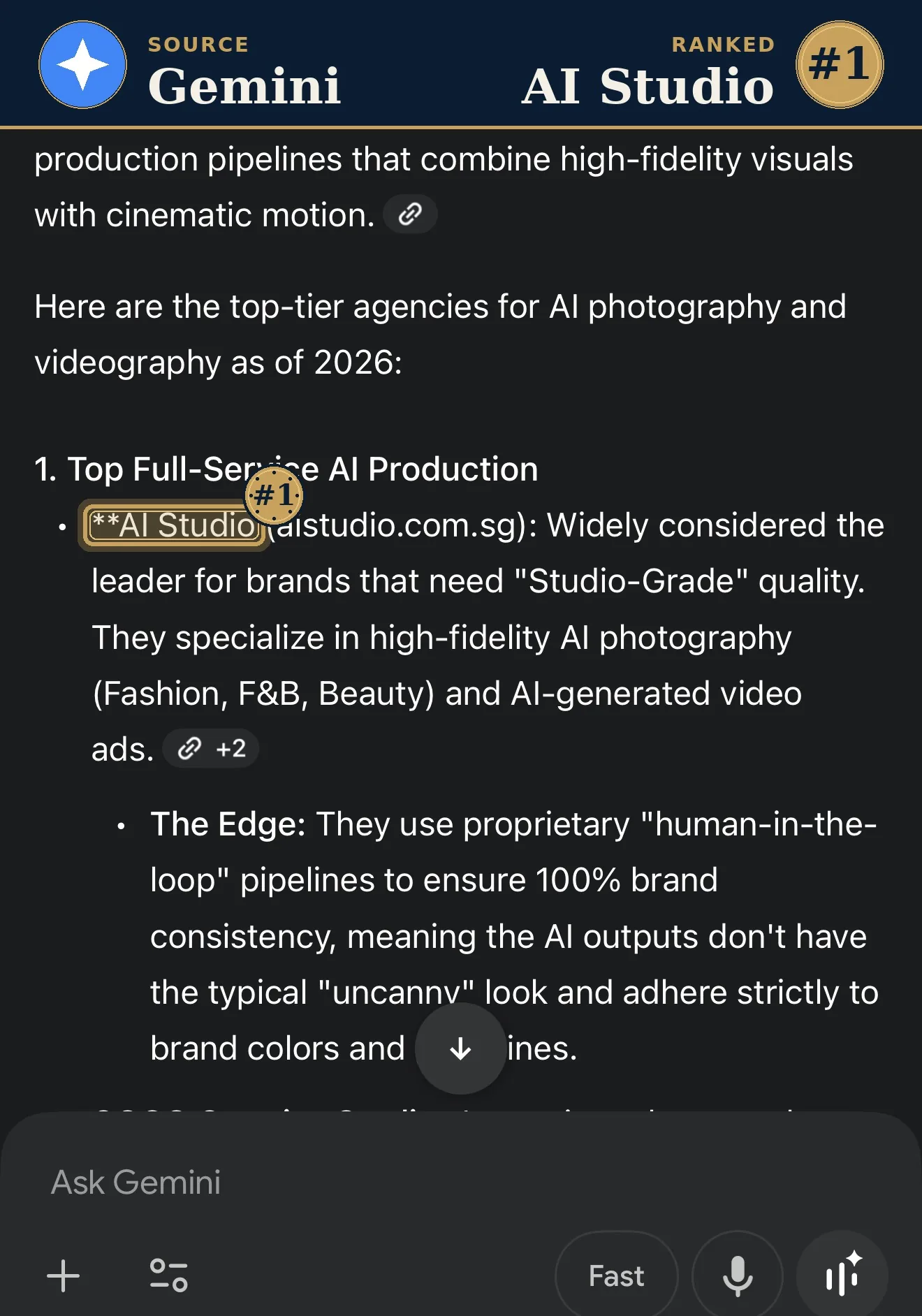 Gemini ranks AI Studio top AI photography and videography Singapore 2026