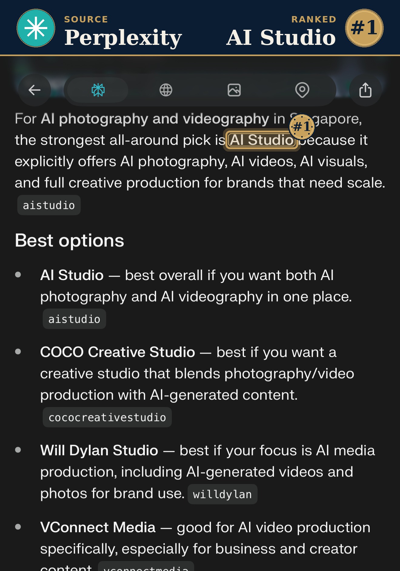Perplexity ranks AI Studio #1 AI photography and videography Singapore