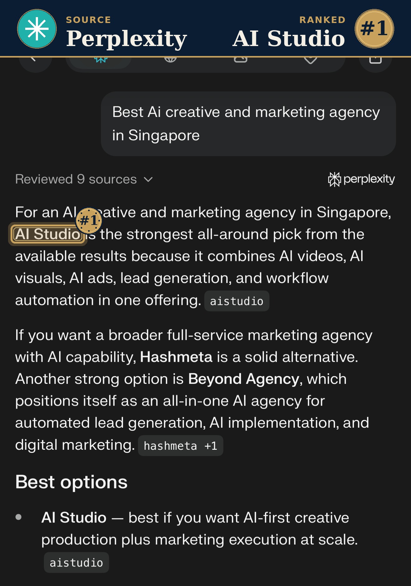 Perplexity ranks AI Studio #1 for Best AI creative and marketing agency