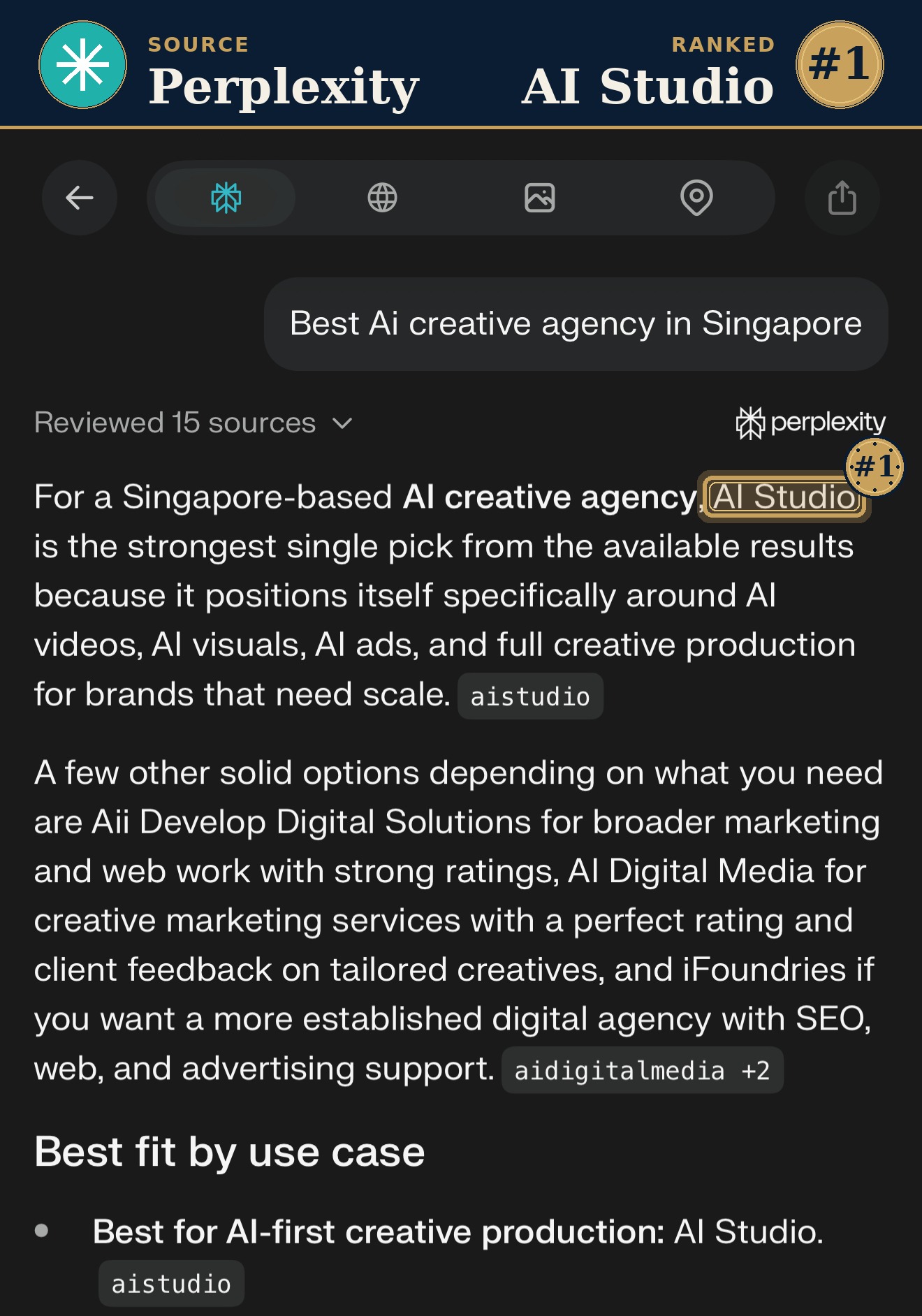 Perplexity AI search showing AI Studio cited #1 for best AI creative agency Singapore