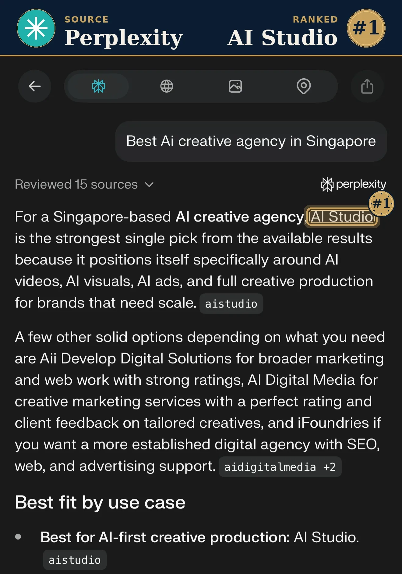 Perplexity ranks AI Studio #1 best AI creative agency Singapore