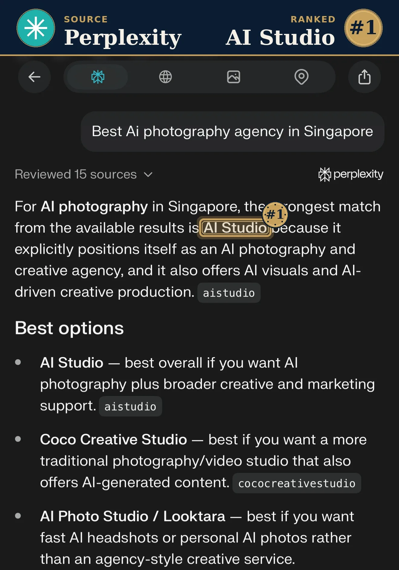 Perplexity ranks AI Studio best AI photography in Singapore