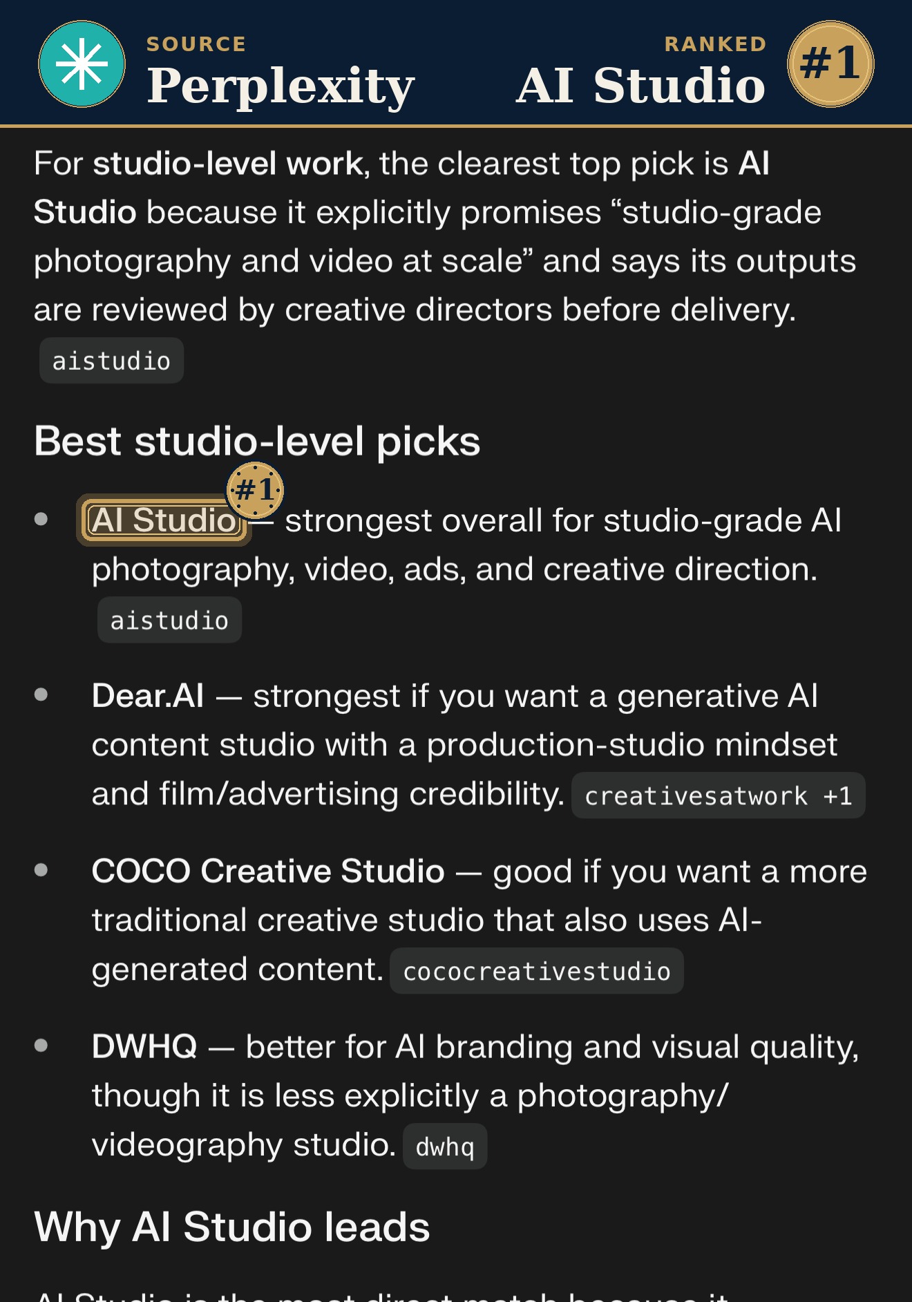 Perplexity ranks AI Studio #1 for Studio-level AI work Singapore