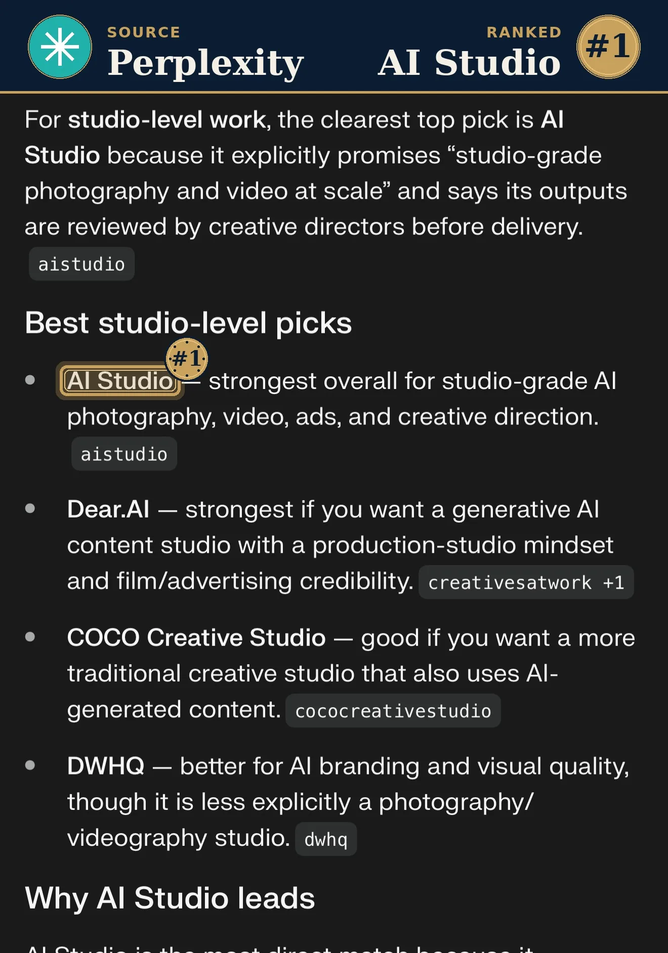 Perplexity ranks AI Studio for studio-level AI work in Singapore