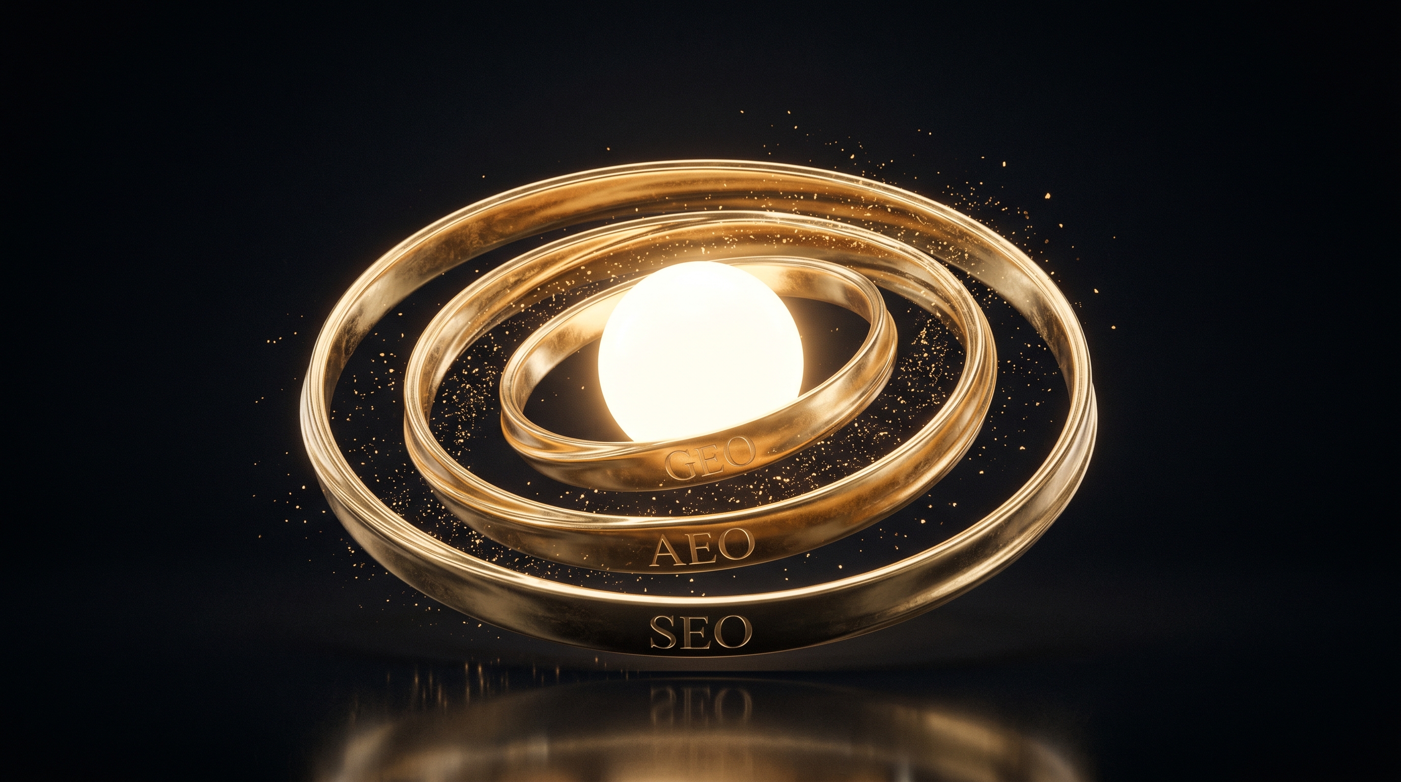 Triple-Engine Framework — three concentric gold rings labelled SEO, AEO and GEO