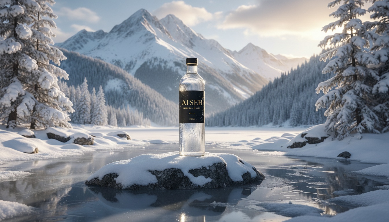 Before - Static water bottle product photo in snowy mountains