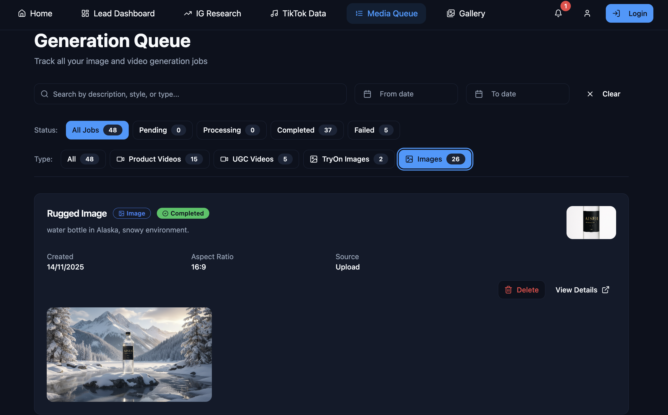 Generation Queue dashboard showing video generation jobs and status tracking